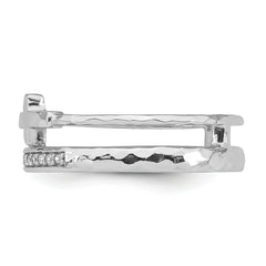 Sterling Silver Rhodium-plated Polished CZ and Hammered Cross Double Band Size 8 Ring