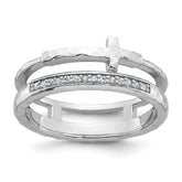 Sterling Silver Rhodium-plated Polished CZ and Hammered Cross Double Band Size 8 Ring