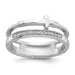 Sterling Silver Rhodium-plated Polished CZ and Hammered Cross Double Band Size 8 Ring