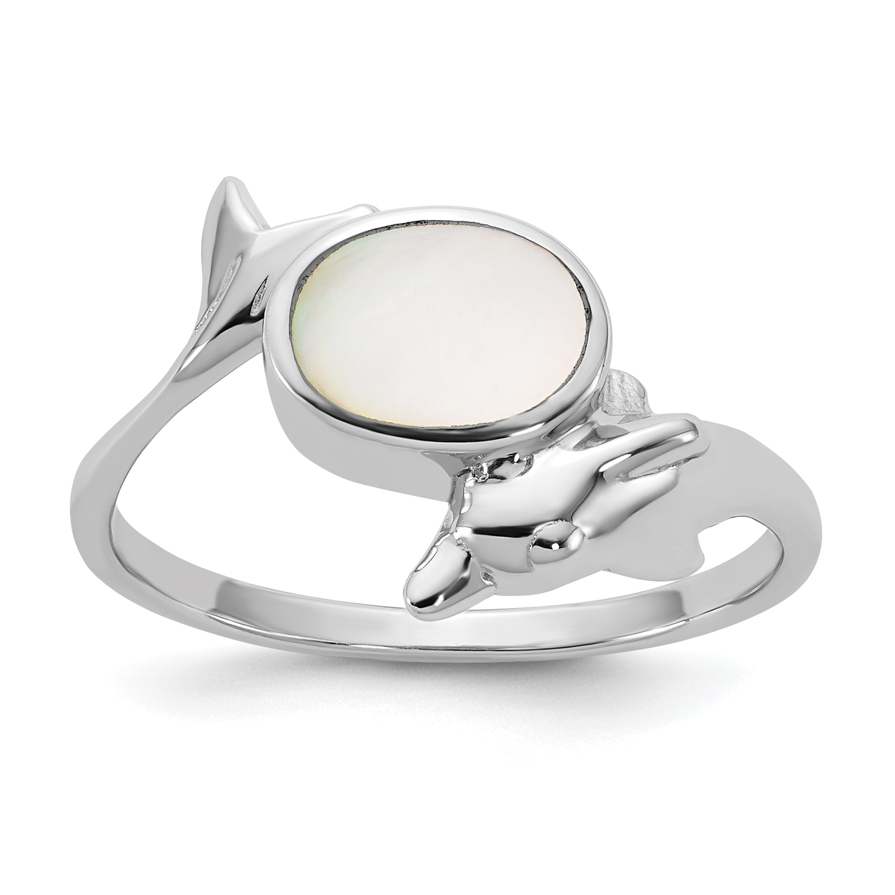 Sterling Silver Rhodium-plated Polished Oval Mother of Pearl and Dolphin Size 8 Ring