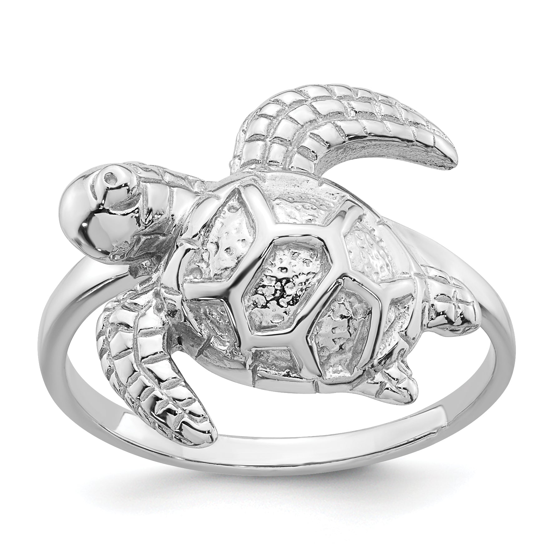 Sterling Silver Rhodium-plated Polished and Textured Sea Turtle Size 8 Ring