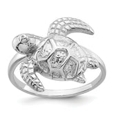 Sterling Silver Rhodium-plated Polished and Textured Sea Turtle Size 8 Ring