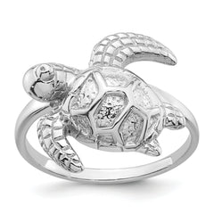 Sterling Silver Rhodium-plated Polished and Textured Sea Turtle Size 8 Ring
