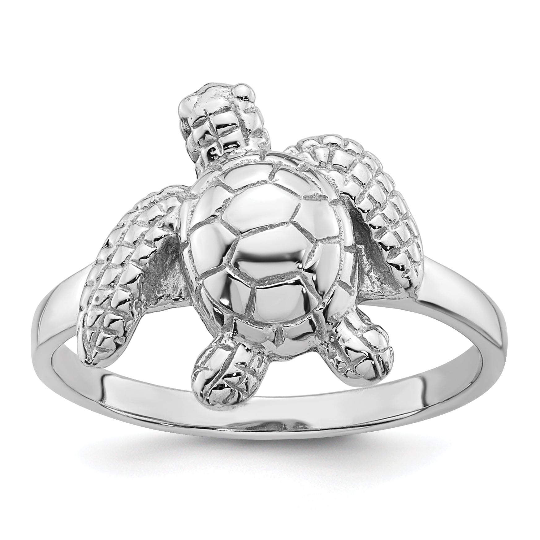Sterling Silver Rhodium-plated Polished and Textured Sea Turtle Size 8 Ring