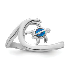Sterling Silver Rhodium-plated Polished Blue Lab Created Opal Turtle on Wave Size 8 Ring