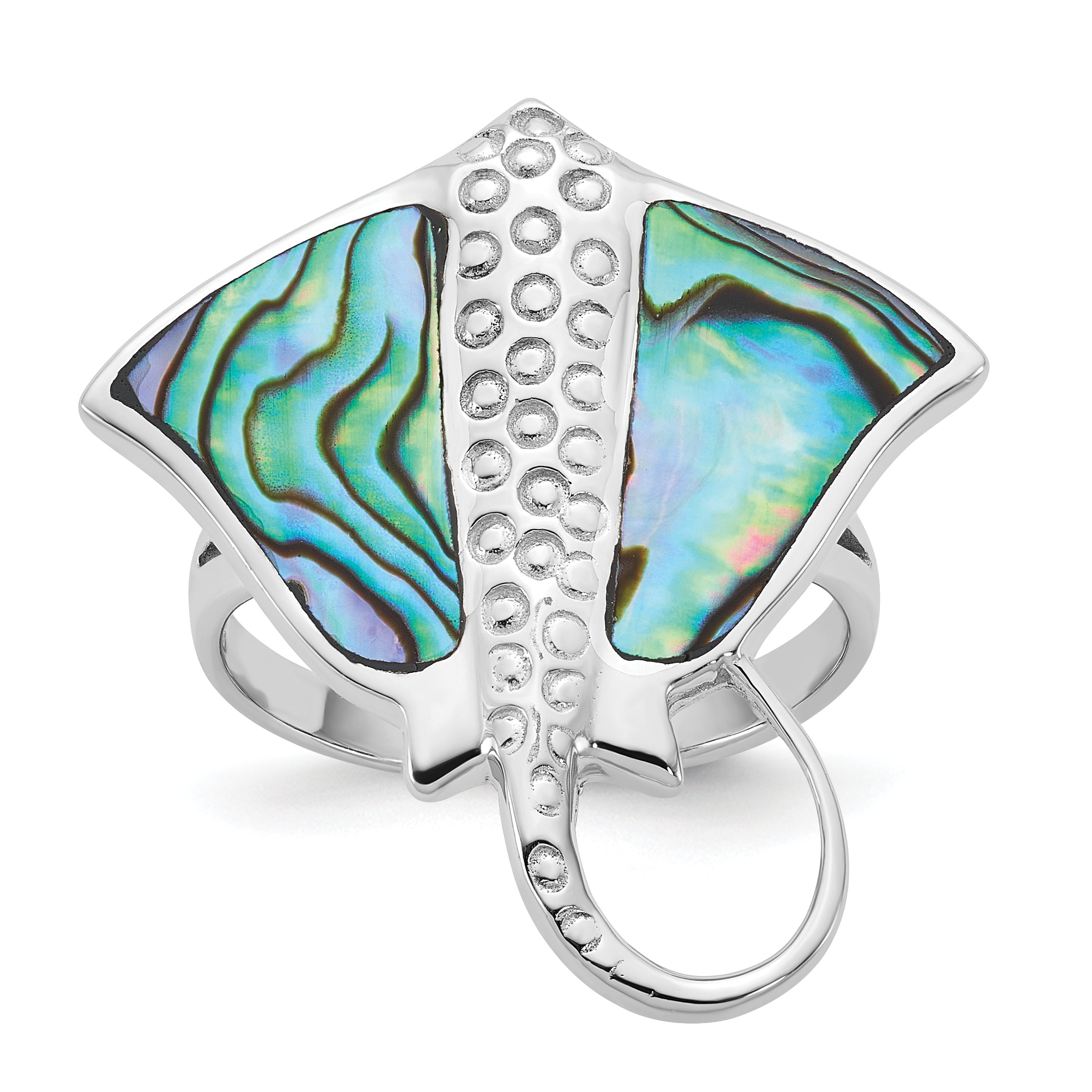 Sterling Silver Rhodium-plated Polished and Textured Abalone Stingray Size 8 Ring