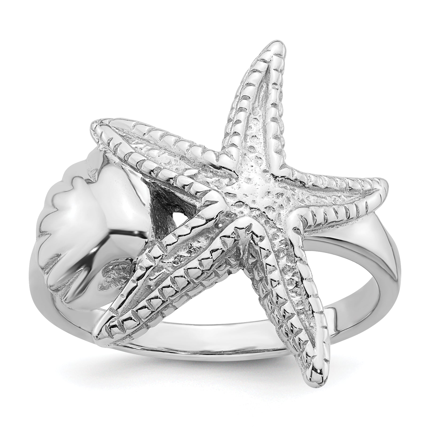 Sterling Silver Rhodium-plated Polished and Textured Sea Shell with Starfish Size 8 Ring