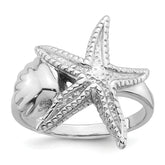 Sterling Silver Rhodium-plated Polished and Textured Sea Shell with Starfish Size 8 Ring