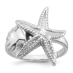 Sterling Silver Rhodium-plated Polished and Textured Sea Shell with Starfish Size 8 Ring