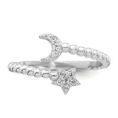Sterling Silver Rhodium-plated Polished and Beaded Adjustable CZ Moon and Star Size 8 Ring