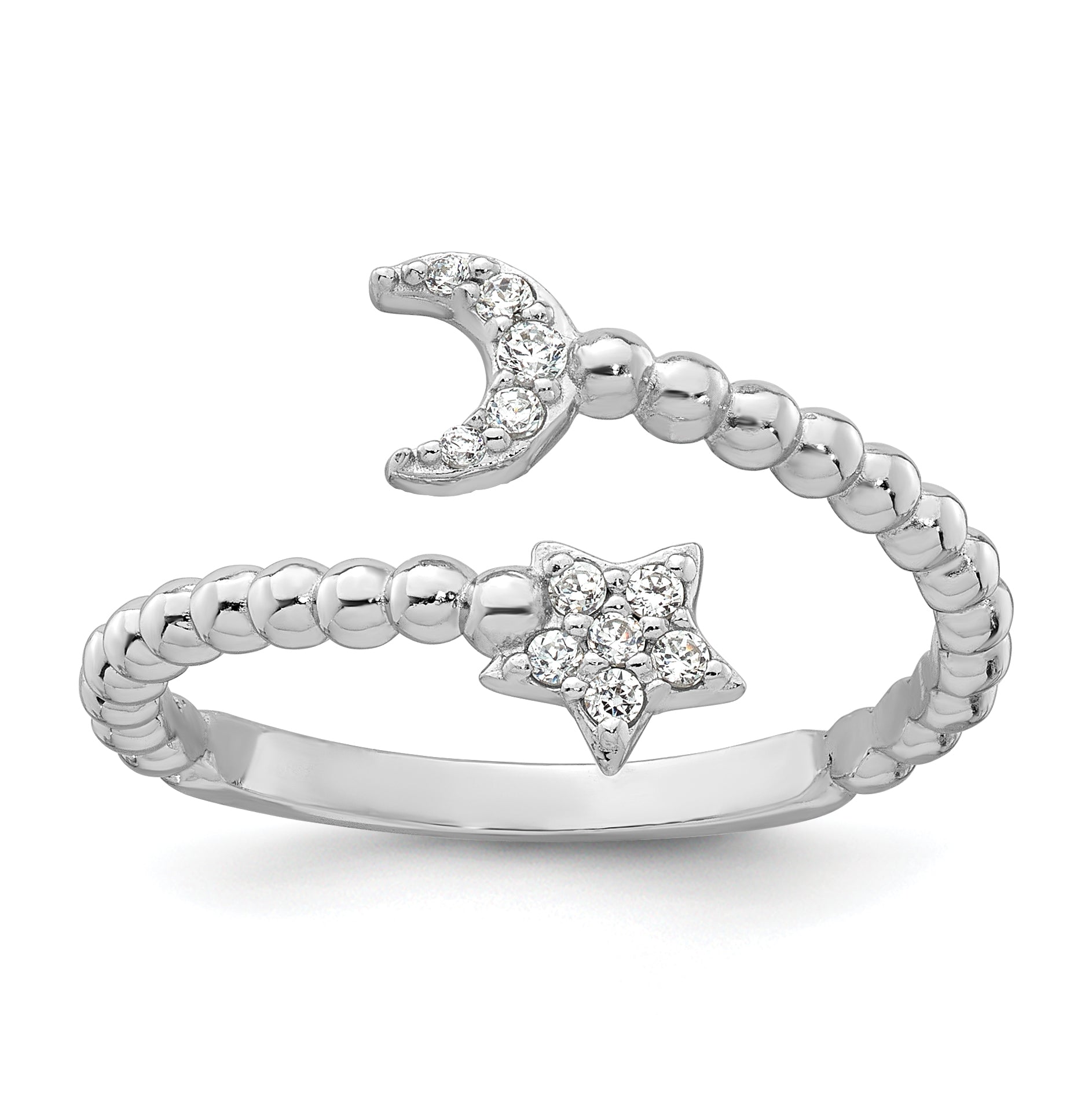 Sterling Silver Rhodium-plated Polished and Beaded Adjustable CZ Moon and Star Size 8 Ring