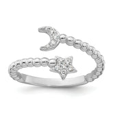 Sterling Silver Rhodium-plated Polished and Beaded Adjustable CZ Moon and Star Size 8 Ring