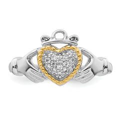 Sterling Silver Rhodium-plated with 14k Accent Polished CZ Size 8 Claddagh Ring