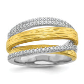 Sterling Silver Rhodium-plated and Gold-tone CZ Textured Brushed 4-Row Size 8 Ring