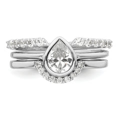 Sterling Silver Rhodium-plated Polished Pear Shape White CZ Ring with 2 Fitted CZ Bands Size 8 Three Ring Set