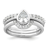 Sterling Silver Rhodium-plated Polished Pear Shape White CZ Ring with 2 Fitted CZ Bands Size 8 Three Ring Set