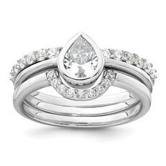 Sterling Silver Rhodium-plated Polished Pear Shape White CZ Ring with 2 Fitted CZ Bands Size 8 Three Ring Set