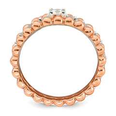 Sterling Silver and Rose-tone Polished Round White CZ Ring with 2 Beaded Bands Size 8 Three Ring Set