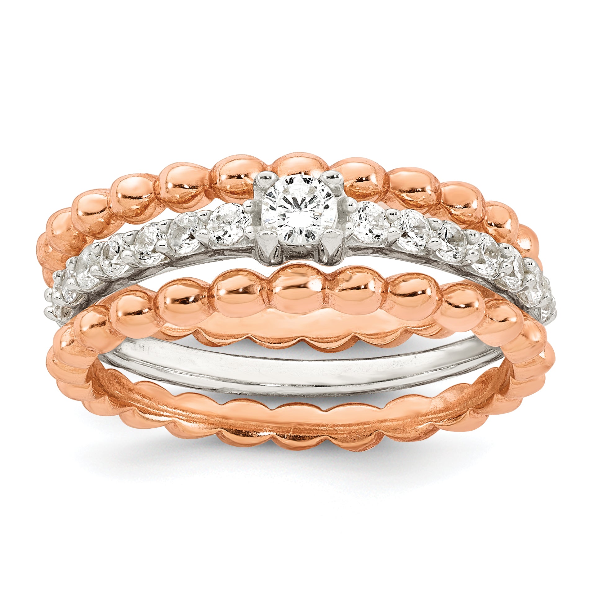 Sterling Silver and Rose-tone Polished Round White CZ Ring with 2 Beaded Bands Size 8 Three Ring Set