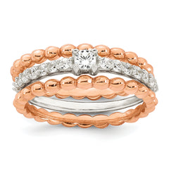 Sterling Silver and Rose-tone Polished Round White CZ Ring with 2 Beaded Bands Size 8 Three Ring Set