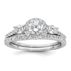 Sterling Silver Rhodium-plated Polished CZ 3-Stone Halo Size 8 Engagement Ring and Wedding Band Set