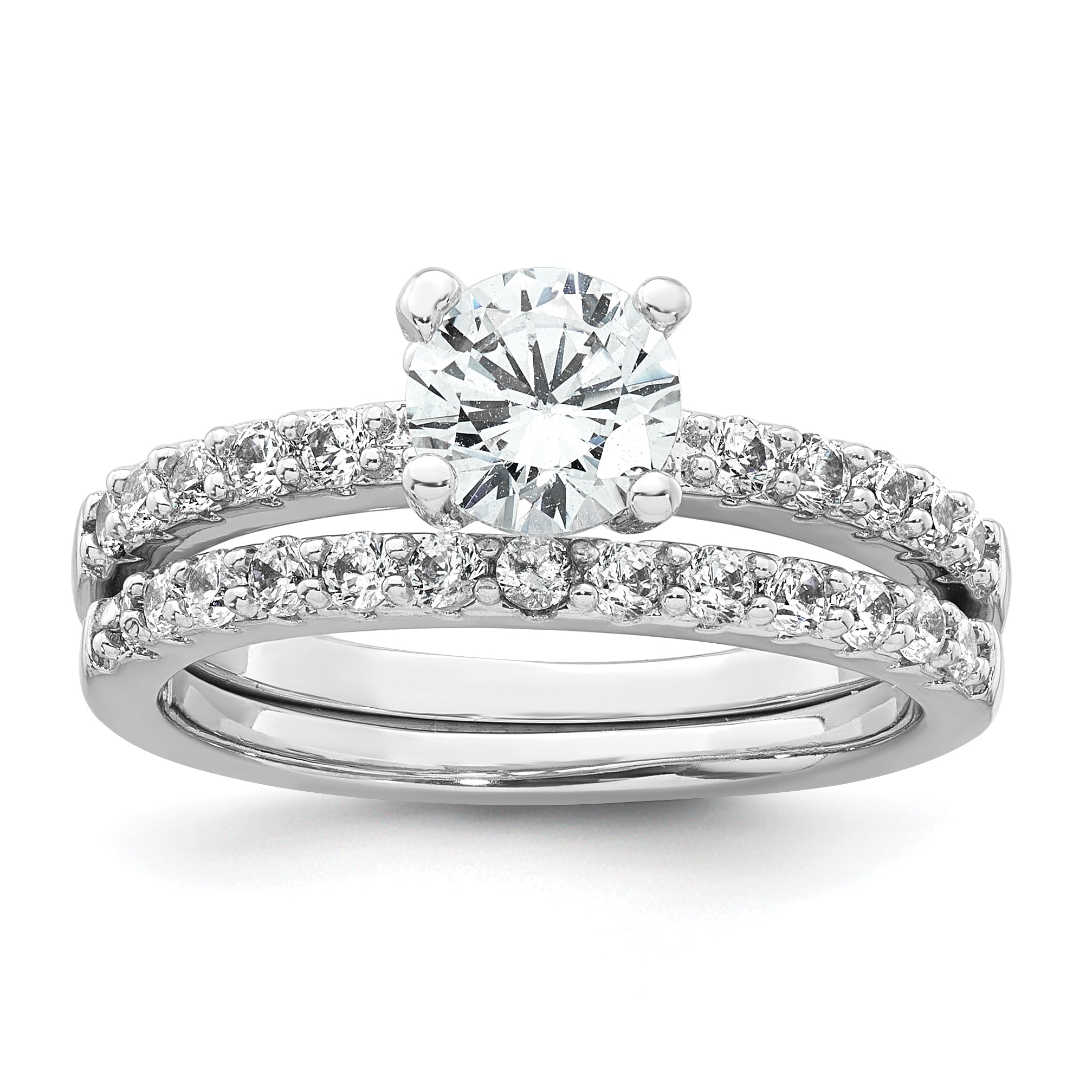 Sterling Silver Rhodium-plated Polished CZ Solitaire Size 8 Engagement Ring and Wedding Band Set