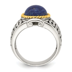 Sterling Silver Antiqued with Gold-plated Accent Polished Round Lapis Cabochon Woven Pattern Ring