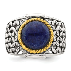 Sterling Silver Antiqued with Gold-plated Accent Polished Round Lapis Cabochon Woven Pattern Ring