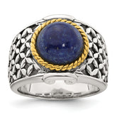 Sterling Silver Antiqued with Gold-plated Accent Polished Round Lapis Cabochon Woven Pattern Ring