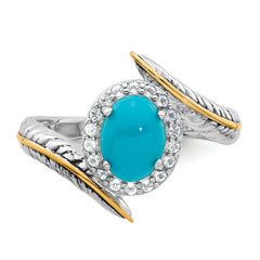 Sterling Silver Rhodium-plated with 14k Feather Accent Polished Reconstructed Turquoise Cabochon and White Topaz Ring