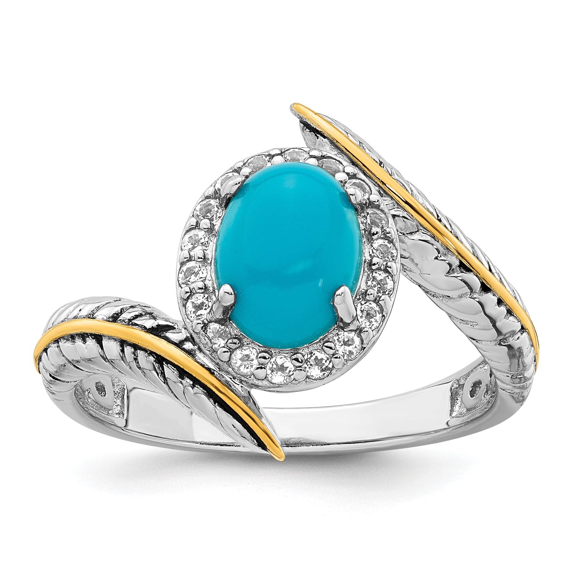 Sterling Silver Rhodium-plated with 14k Feather Accent Polished Reconstructed Turquoise Cabochon and White Topaz Ring