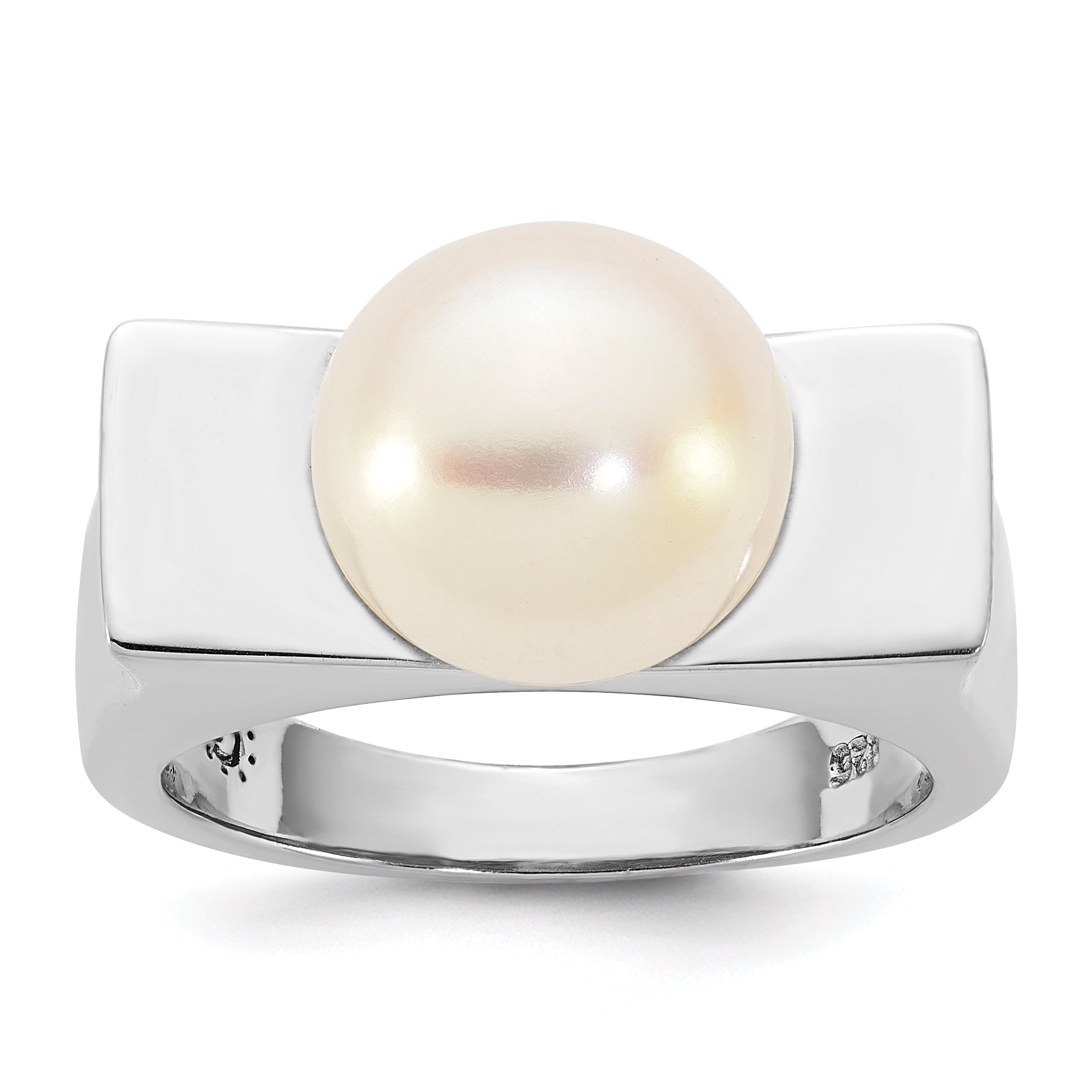 Sterling Silver Rhodium-plated 10-11mm Button White Freshwater Cultured Pearl Square Top Size 8 Ring