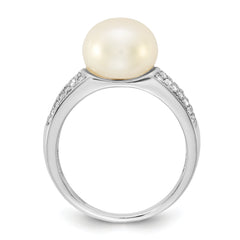 Sterling Silver Rhodium-plated 9-10mm Button White Freshwater Cultured Pearl and CZ Size 8 Ring