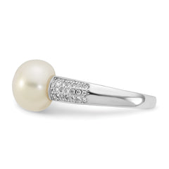 Sterling Silver Rhodium-plated 9-10mm Button White Freshwater Cultured Pearl and CZ Size 8 Ring