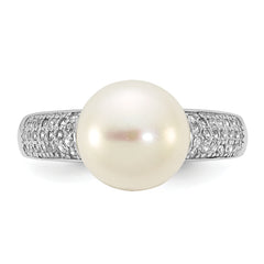 Sterling Silver Rhodium-plated 9-10mm Button White Freshwater Cultured Pearl and CZ Size 8 Ring