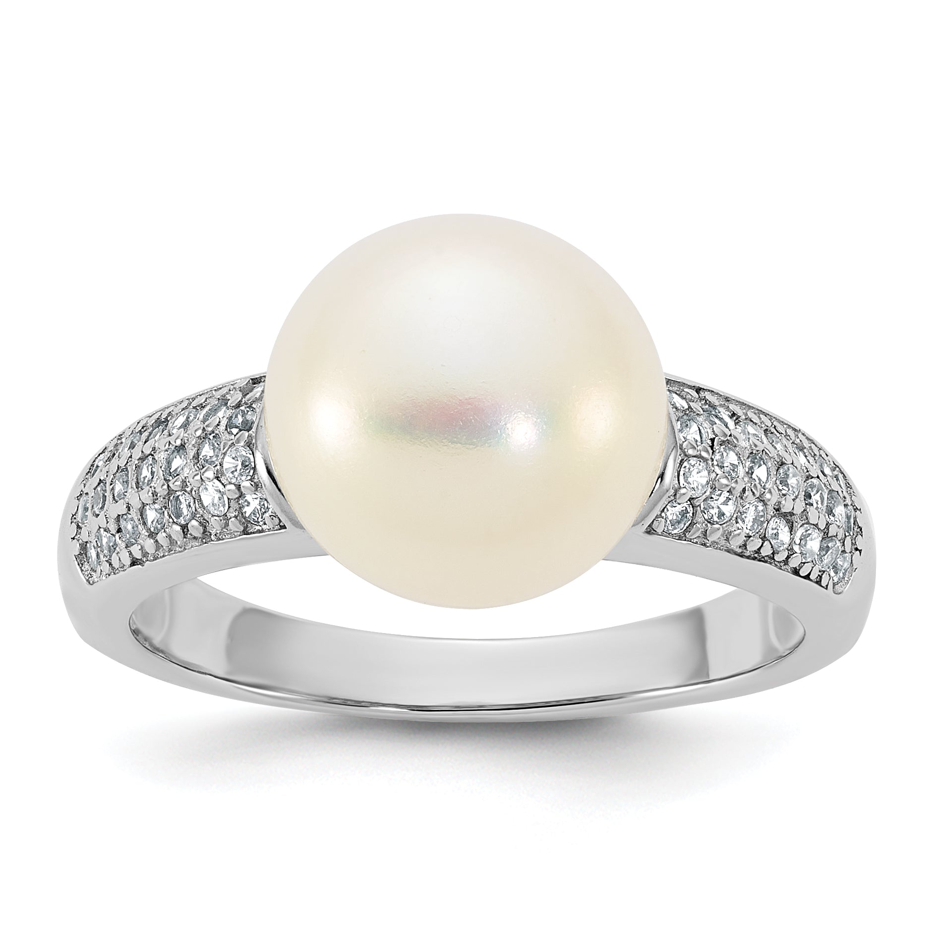 Sterling Silver Rhodium-plated 9-10mm Button White Freshwater Cultured Pearl and CZ Size 8 Ring