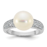 Sterling Silver Rhodium-plated 9-10mm Button White Freshwater Cultured Pearl and CZ Size 8 Ring
