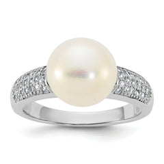 Sterling Silver Rhodium-plated 9-10mm Button White Freshwater Cultured Pearl and CZ Size 8 Ring