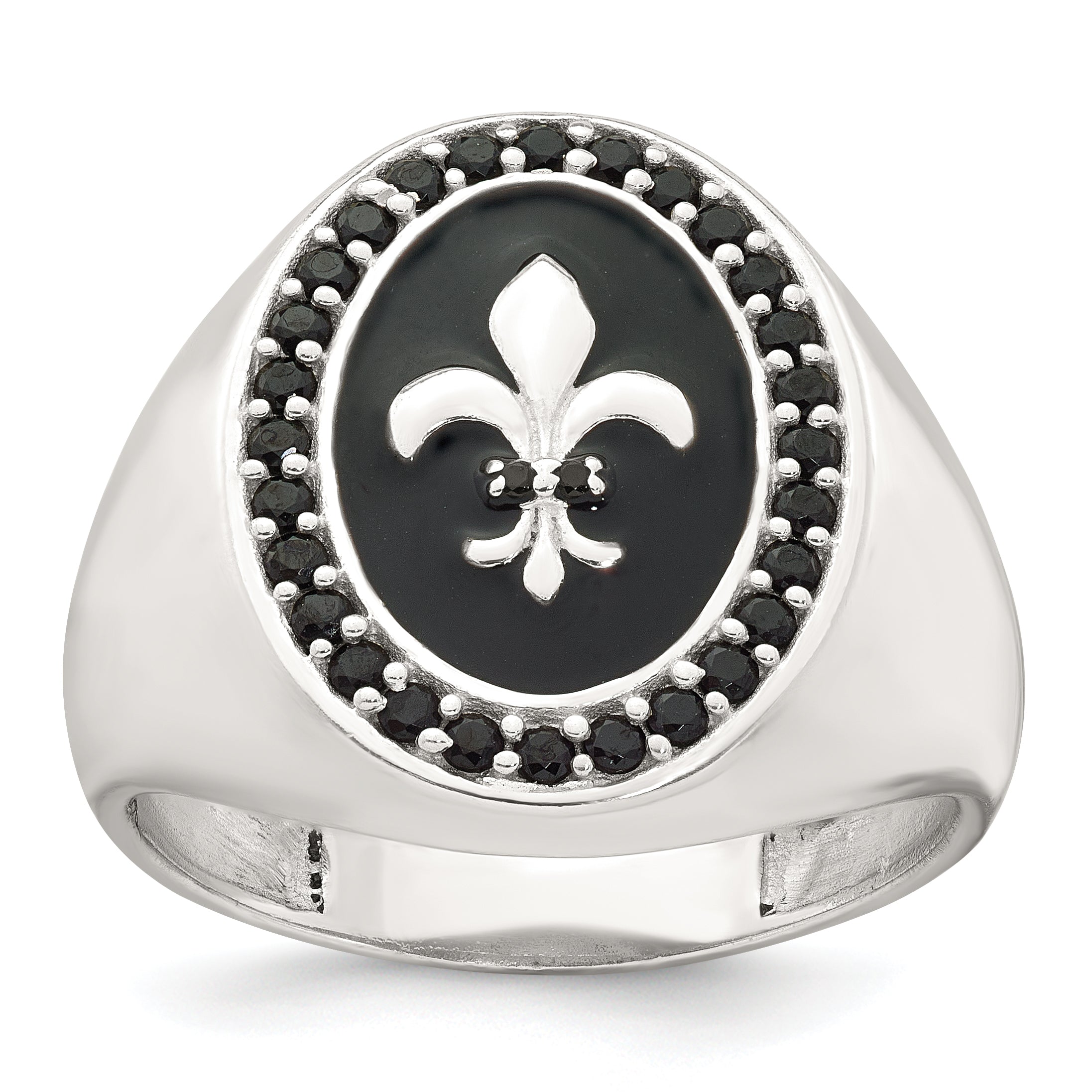 Sterling Silver Polished Fleur de Lis Black Enameled and Black Nano Crystals Size 11 Mens Signet Ring