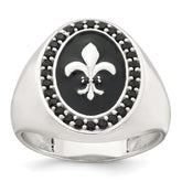 Sterling Silver Polished Fleur de Lis Black Enameled and Black Nano Crystals Size 11 Mens Signet Ring