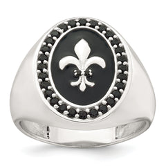 Sterling Silver Polished Fleur de Lis Black Enameled and Black Nano Crystals Size 11 Mens Signet Ring