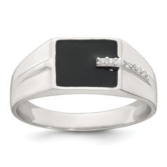 Sterling Silver Polished Black Enameled and White CZ Size 11 Mens Signet Ring