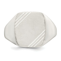 Sterling Silver Polished Brushed and Grooved 15.3mm x 13.2mm Rectangle Closed Back Size 11 Mens Signet Ring
