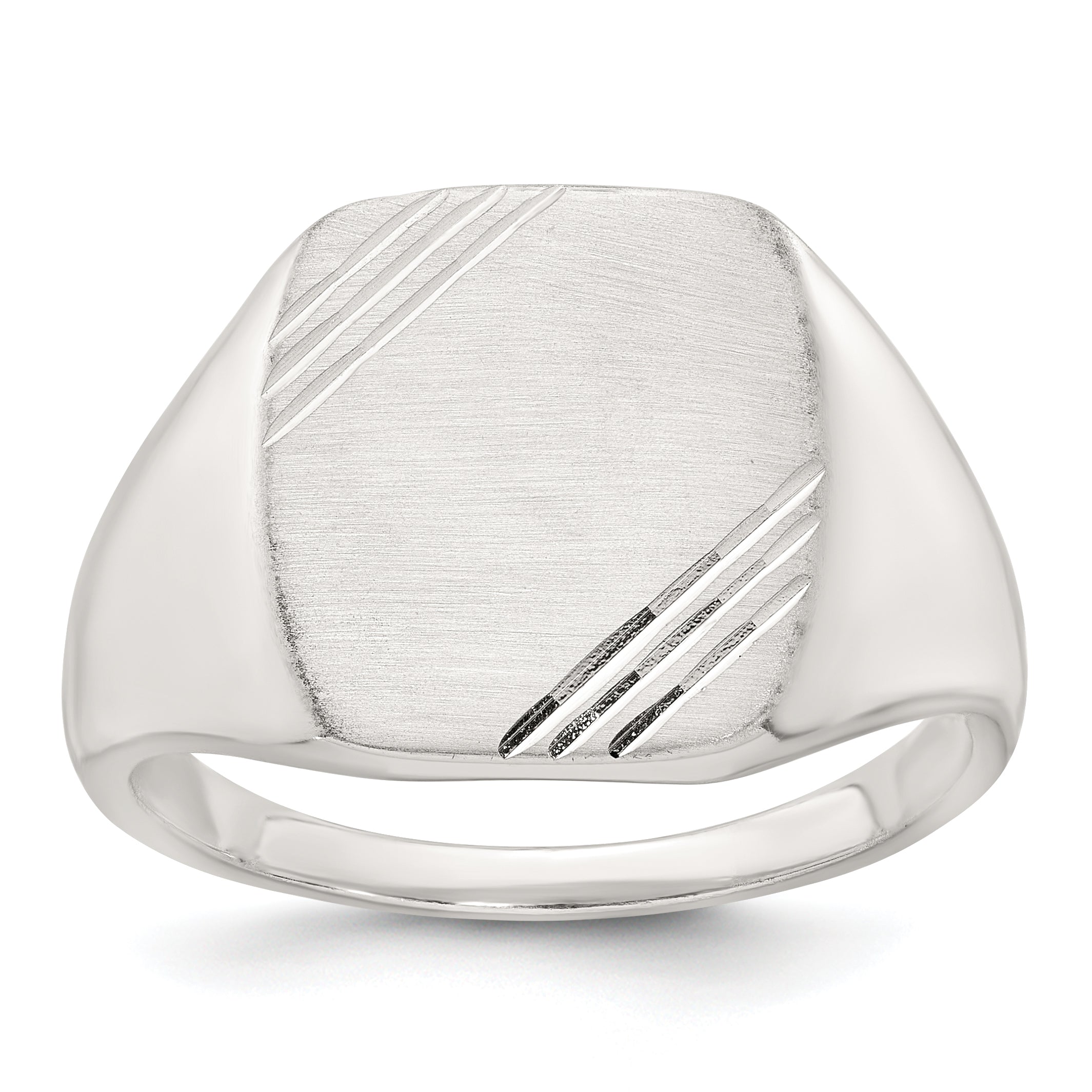 Sterling Silver Polished Brushed and Grooved 15.3mm x 13.2mm Rectangle Closed Back Size 11 Mens Signet Ring