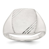Sterling Silver Polished Brushed and Grooved 15.3mm x 13.2mm Rectangle Closed Back Size 11 Mens Signet Ring
