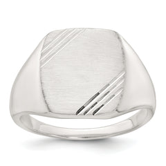 Sterling Silver Polished Brushed and Grooved 15.3mm x 13.2mm Rectangle Closed Back Size 11 Mens Signet Ring