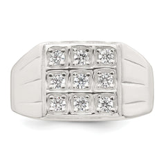 Sterling Silver Polished and Grooved White CZ Square Size 11 Mens Ring