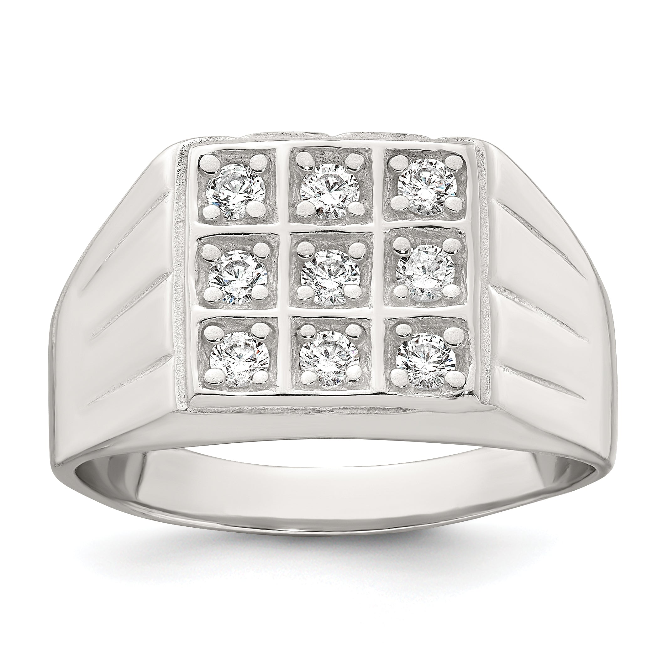 Sterling Silver Polished and Grooved White CZ Square Size 11 Mens Ring
