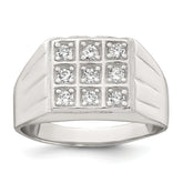 Sterling Silver Polished and Grooved White CZ Square Size 11 Mens Ring