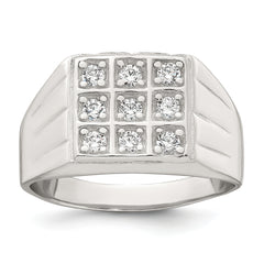 Sterling Silver Polished and Grooved White CZ Square Size 11 Mens Ring